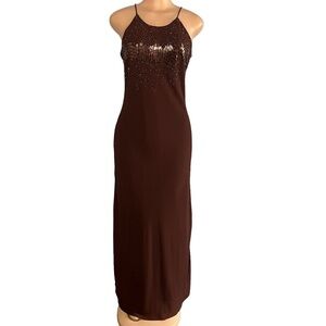Cachet Vintage Brown Beaded Maxi Gown Dress